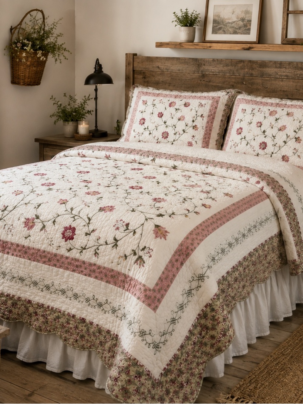 HomeTrends Queen Floral Quilt Set with 2 Matching Pillow Shams